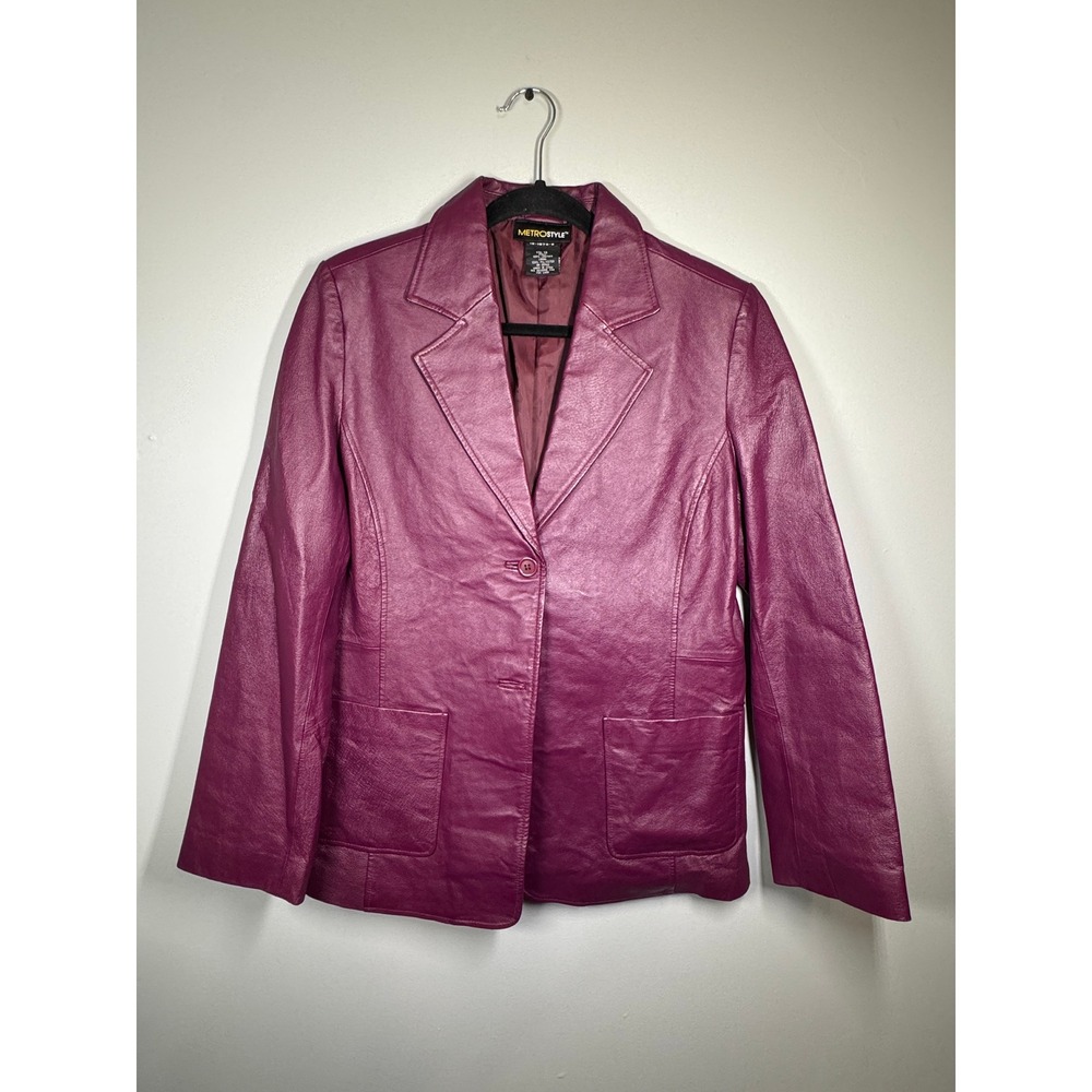 Metrostyle Womens Purple Leather Blazer Jacket Size 12 Single Breasted Plum